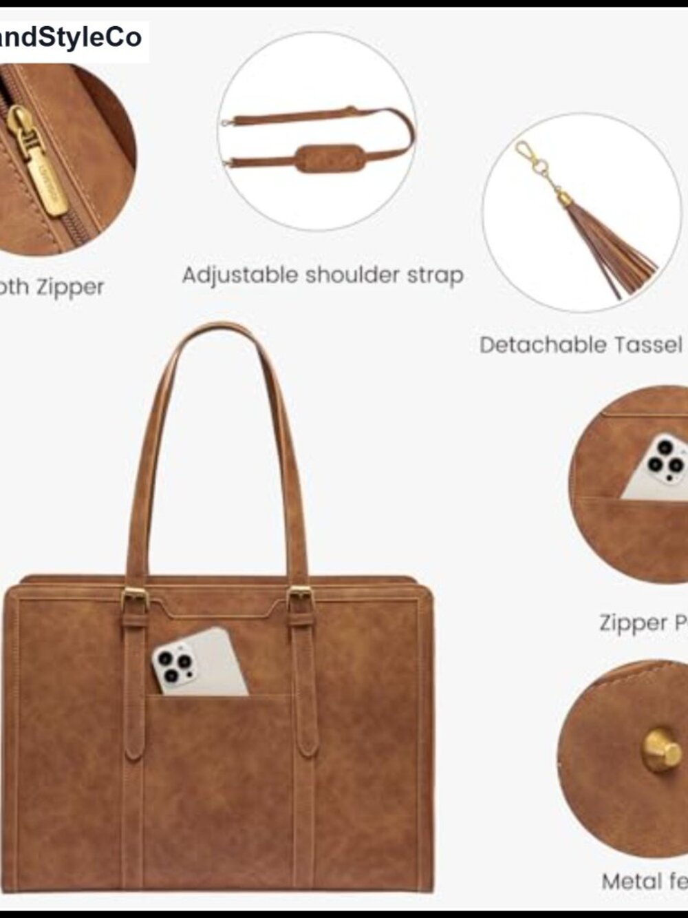 Vintage Faux Leather Laptop Tote Bag for Women 15.6 Inch Work Bag with Cup - Picture 4 of 5